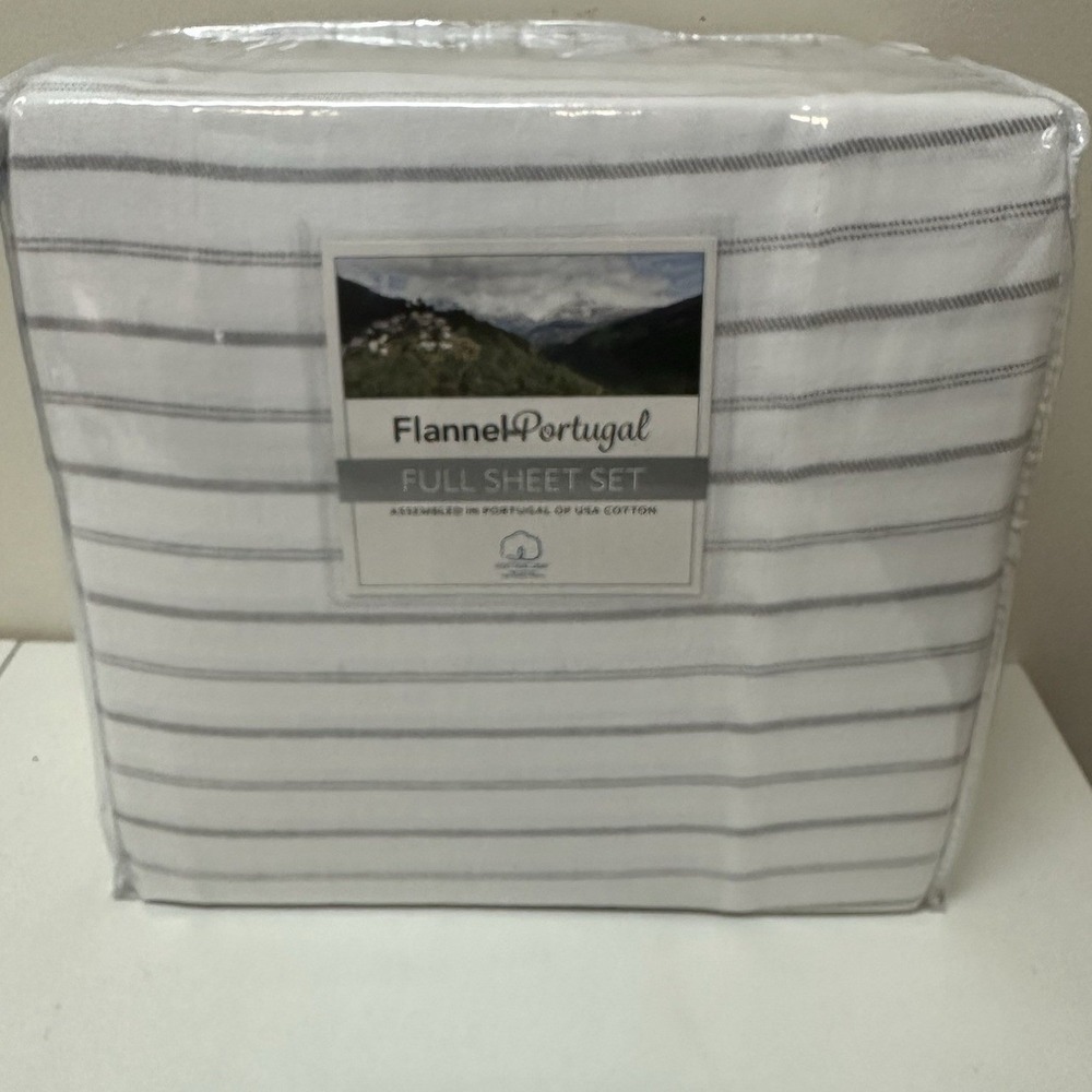 Flannel from Portugal Full Sheet Set 100% Cotton Gray Ticking Stripe 1676002